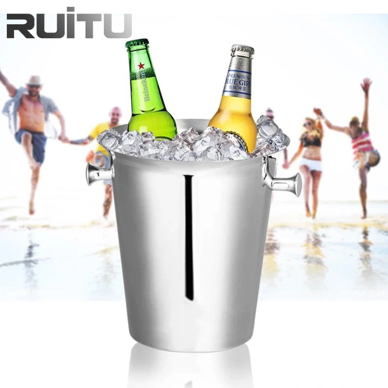 Restaurant Household Party Decorative Types of Food Storage Grade Drink Buckets with Ears Handle Large Cooler Silver Metal Stainless Steel Champagne Ice Bucket